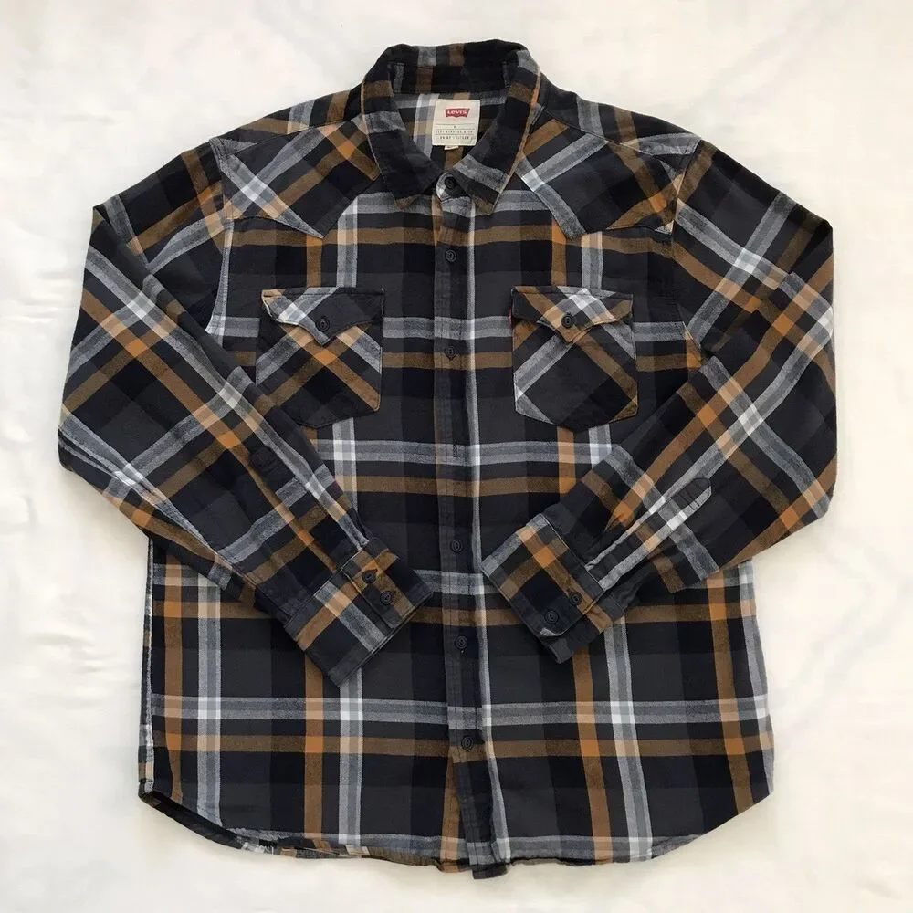 Levis Navy Blue Plaid Long Sleeve Cotton Flannel Casual Grunge Shirt Mens XL